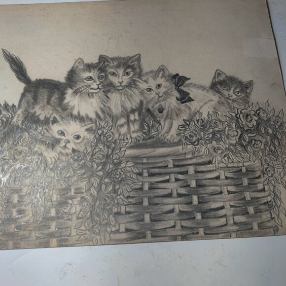 Pencil Sketch of a basket of kittens by artist signed, Esther 1949. - Picture 3 of 8
